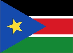 [ai] The national flag of South Sudan featuring a blue triangle with a yellow star, a horizontal black stripe, a red stripe, a white stripe, and a green field at the bottom.